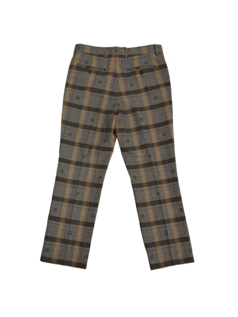 Gucci Wool 100% G Logo Tucked Center Crease Check Trousers Brown Pants 48